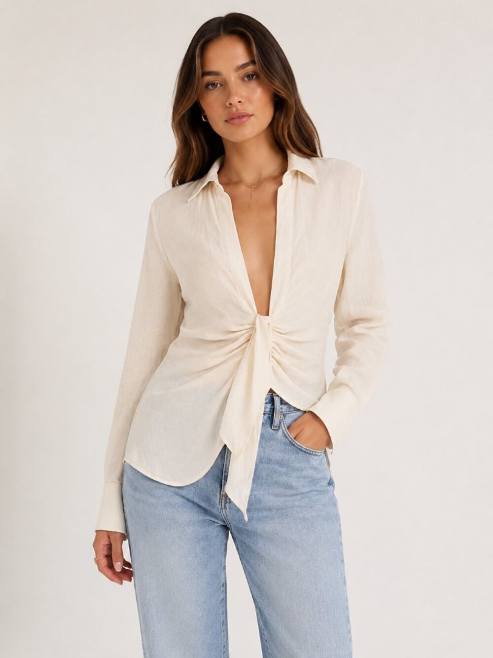 Lioness Giza Plunge Top Cream Linen Size S